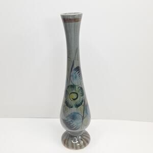 Mexican Tonala Pottery Vase Gray Floral Design 13-3/4in Handcrafted Folk Art